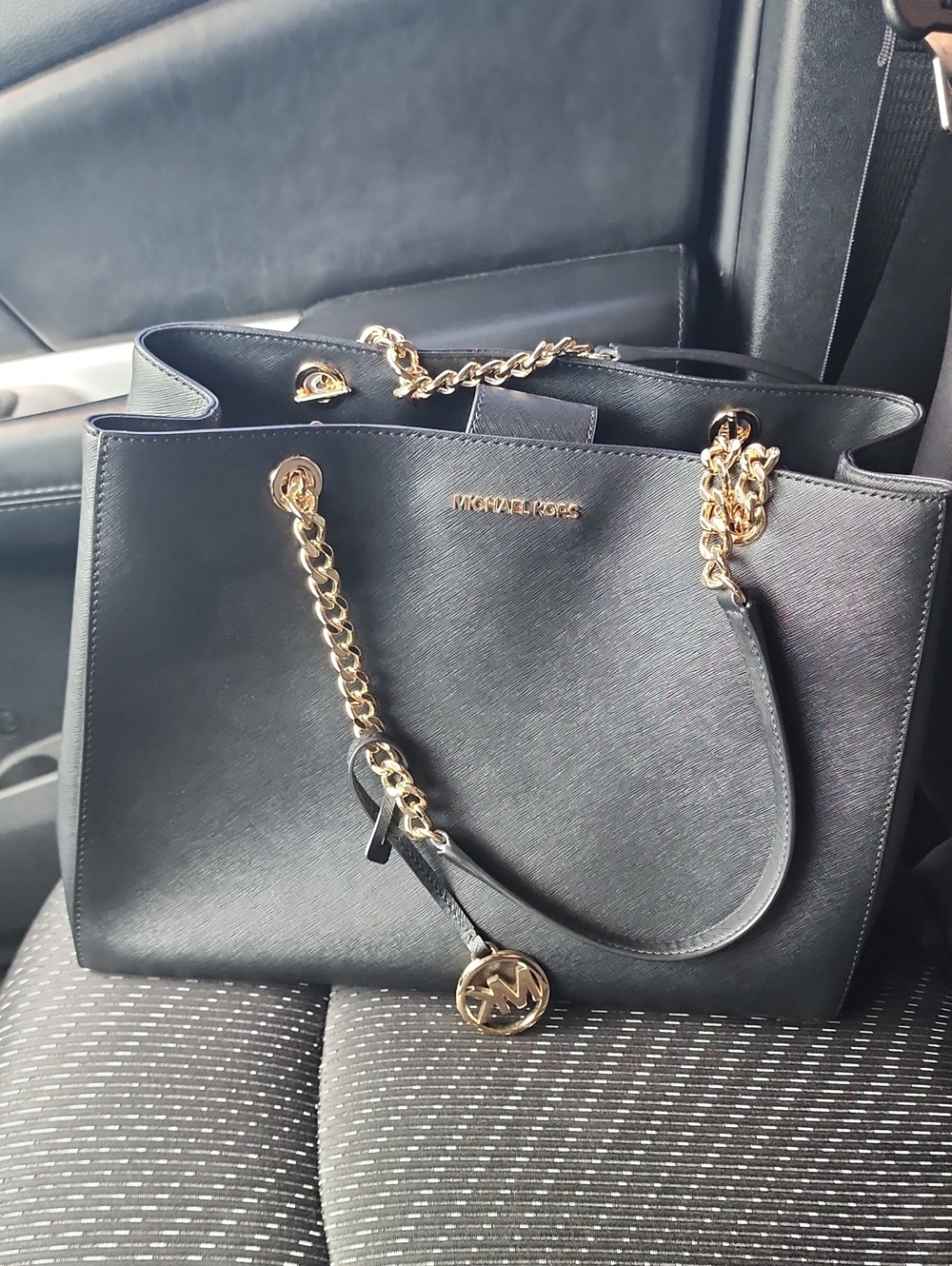 Michael Kors Black Leather Tote with Gold Chain Detail